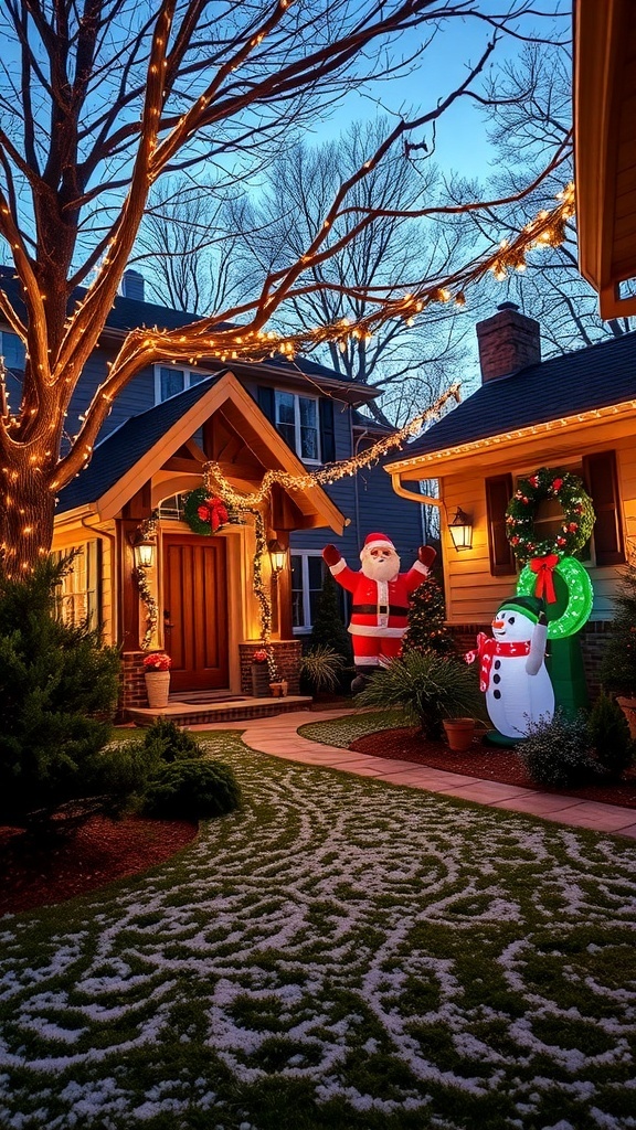 Outdoor Christmas decorations with lights, inflatables, and a wreath in a snowy yard.